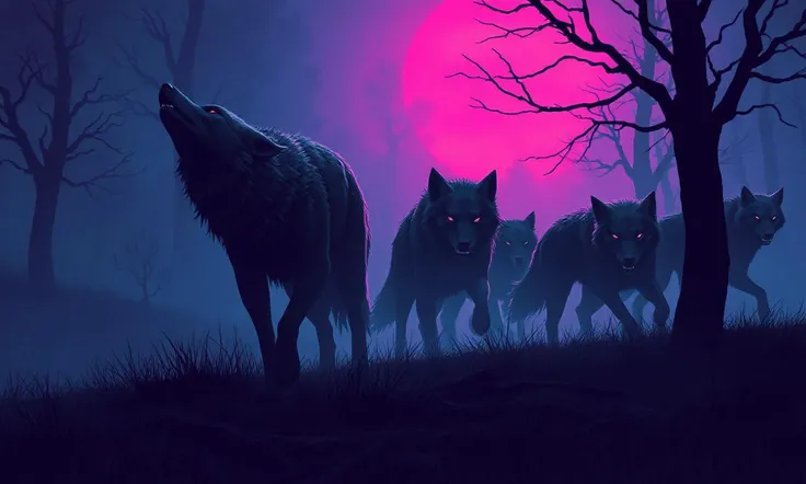 Glitchcore Art Style, retro game art pixel-art. In a medieval setting.
A pack of shadowy wolves prowls through the fog-covered moors, their eyes glowing with an eerie light. Their ghostly forms shift in and out of view as they silently circle their prey, t...