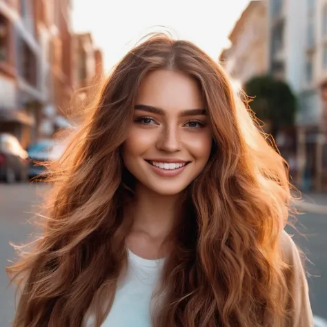 a woman with long brown hair standing in the middle of a street