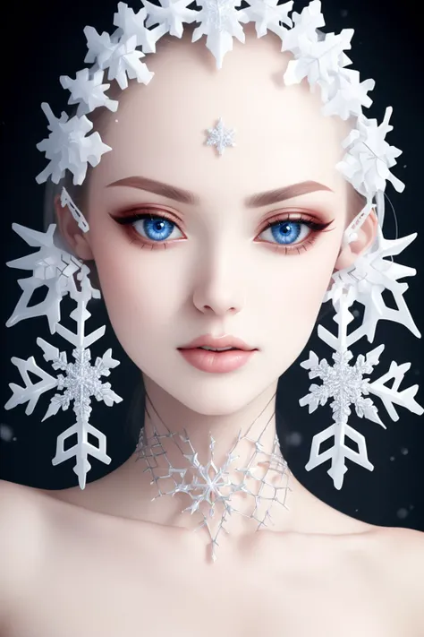 face, snowflake, <lora:Snowflakes-V1:1>, (sharp focus:1.2), portrait, ((posing)), (beautiful face:1.1), detailed eyes, luscious lips, ((skindentation)), (bright studio lighting:1.2), depth of field, bokeh, 4K, HD