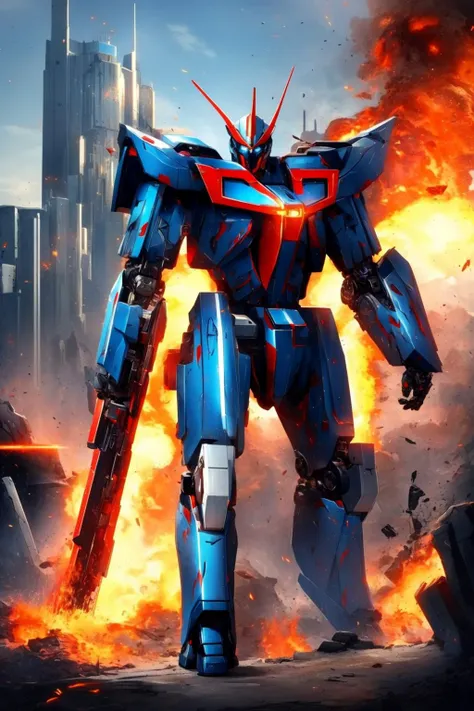 masterpiece, best quality, mecha, no humans, black armor, blue eyes, science fiction, fire, laser canon beam, war, conflict, destroyed city background