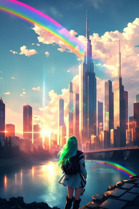 cityscape, city, cloud, scenery, skyscraper, building, cloudy sky, sky, long hair, from behind, outdoors, bird, ruins, 1girl, sunlight, tower, facing away, city lights, green hair, water, sunbeam, light rays, bridge, post-apocalypse, tree, backpack, very l...