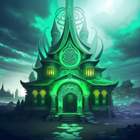 (masterpiece:1.2), (best quality:1.2), highres, extremly detailed, detailed, intricate,  building, <lora:CeltPunkAI:0.95>, (CeltPunkAI), detailed, intricate, mashine temple, dark, night, green glow, green magic, glowing from the inside, dark outside, metal...