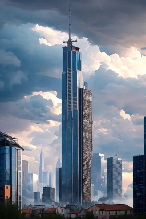 modern skyscraper towering over an old abandoned medieval town, sheds and taverns, storm clouds, urban setting