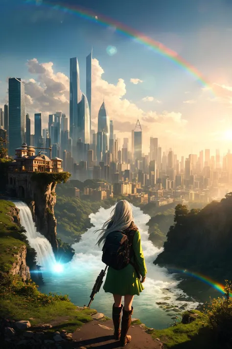 a woman standing on a cliff looking at a waterfall and a rainbow