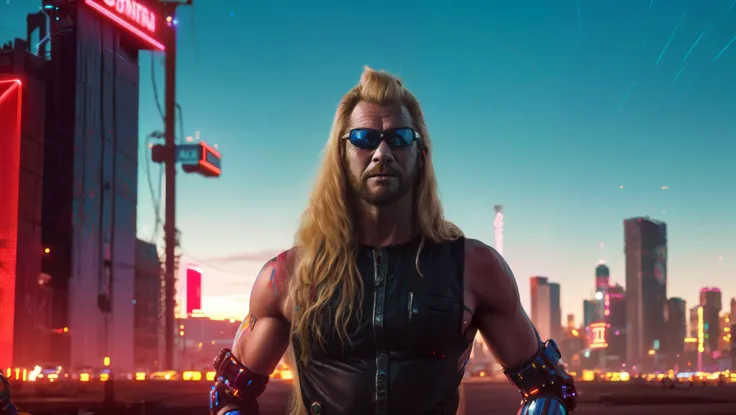 solo cyberpunk style shot of duane, 1man, long hair, blonde hair, sunglasses, mullet, pixar city, neon, mechanical body parts, cybernetic, <lora:dog-20:0.54>,