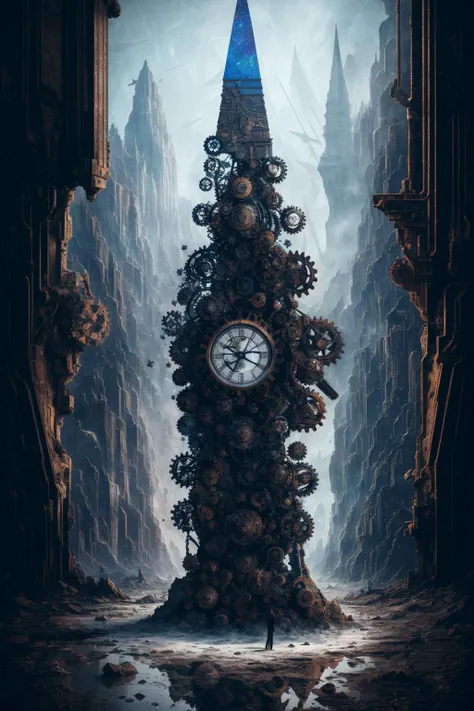 Fractals, gears, crystals, Spectral sails catch cosmic winds on an infinite sea of dark matter, Rainbow, , (Pavel Tchelitchew,Kathe Kollwitz:1.25), Ticking clock,Chains,Door ajar, Tenebrous,Mangled,Bleak, (Triadic:1.1), (Negative Space:1.1), (Resist techni...