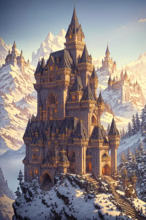 a castle in the mountains with a snowy landscape