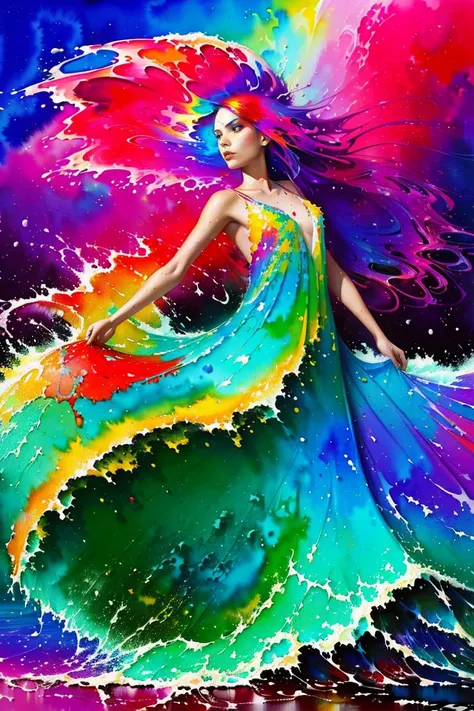 1girl, rainbow colored hair, liquid hair, long hair, floating hair, full body, flamenco dancing, sundress, liquid clothes, style-swirlmagic, water,waves, tsunami,tide,sea,water dress,fantasy, high contrast, ink strokes, explosions, over exposure, purple an...