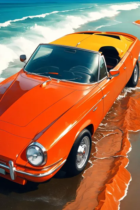 a classic, orange convertible sports car driving through shallow beach water