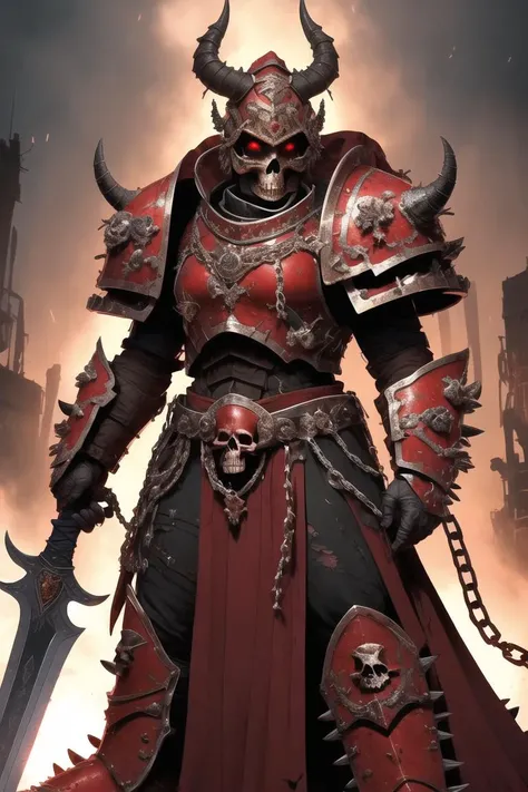 1boy, man, (masterpiece:1.2), (best quality:1.2), extremely detailed, highres, khorne, red armor, full armor, skull, <lora:khorne:1>, spiked armor, chain, helm, helmet, horned helmet, pauldrons, sword, torn cape, gauntlets, black fur, plate armor, glowing ...