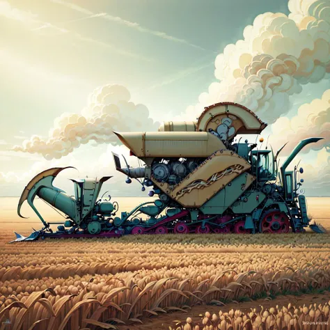 concept art ,
<lora:ArtNouveauAI:.8>, ArtNoveauAI,
combine harvester, in field