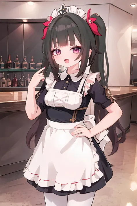 1girl, sparkle (honkai: star rail), twintails, solo, maid, maid headdress, maid apron, pantyhose, looking at viewer, cowboy shot, bar (place), indoors, depth of field, smug, open mouth, hand on hip, <lora:face-Smug:0.9>, masterpiece