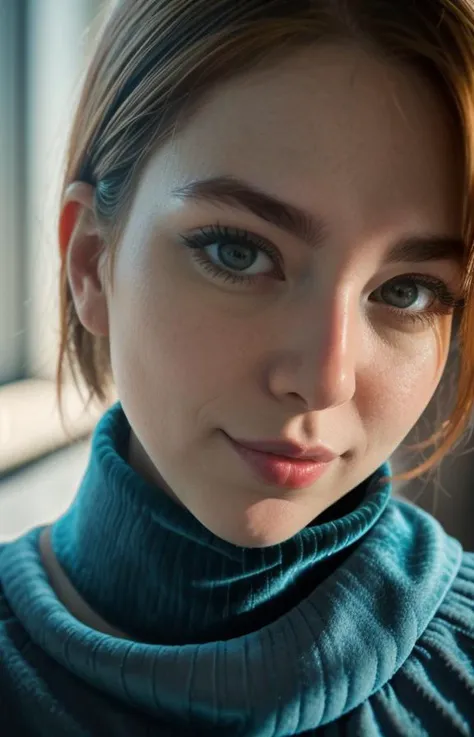 a close up of a woman with a blue turtle neck sweater