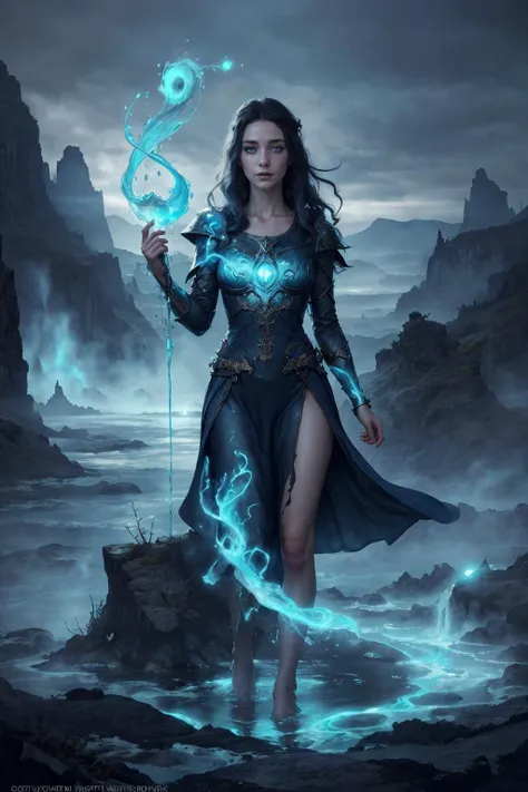 a woman in a blue dress holding a wand and standing on a rock