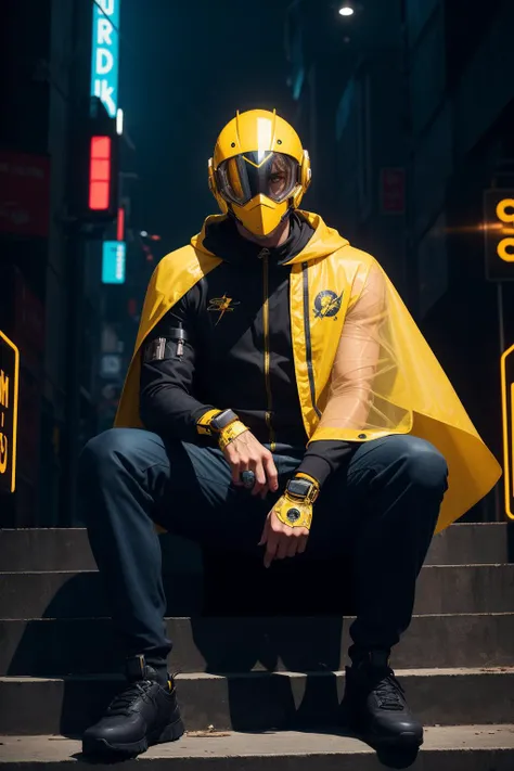 (glossy magazine cover), action-packed, man in yellow transparent cape (sitting on steps), cyborg man cyberpunk streetwear, yellow cape, cyberpunk motorbike helmet, cyberpunk knight, space helmet, black trousers, 
octane trend on, artstation, anime footage...