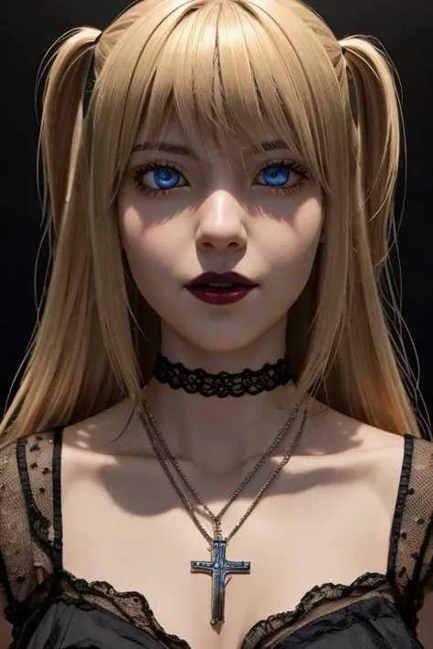 <lora:MisaAmaneV3:0.75>, closeup, Misa Amane,blue eyes,shy,blonde hair,cross necklace,gothic,woman,masterpiece,best quality,highest quality,cinematic lighting,(volumetric lighting),extremely detailed CG unity 8k wallpaper,focused,8k wallpaper,4k wallpaper,...