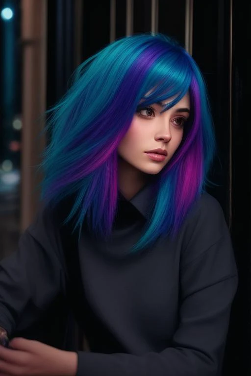 color hair, night,  <lora:hair-v3:0.2>, <lora:LowRA:0.9>