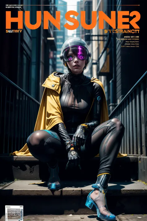 An extremely detailed digital photo in the style of a magazine cover, action-packed, 
((woman in transparent yellow mackintosh)) (sitting on steps), cyborg, cyberpunk streetwear, yellow cape, cyberpunk motorbike helmet, cyberpunk knight, space helmet, blac...