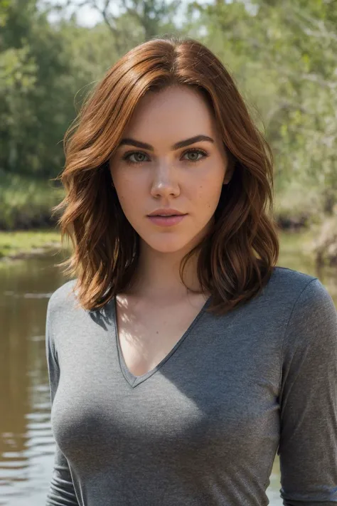 portrait of S250_FreyaParker,a beautiful woman,in a (swamp:1.1),wearing a (long-sleeve striped t-shirt:1.1),(4k, RAW photo, best quality, depth of field, ultra high res:1.1),(absurdres, intricate, photorealistic, masterpiece, ultra-detailed:1.2),