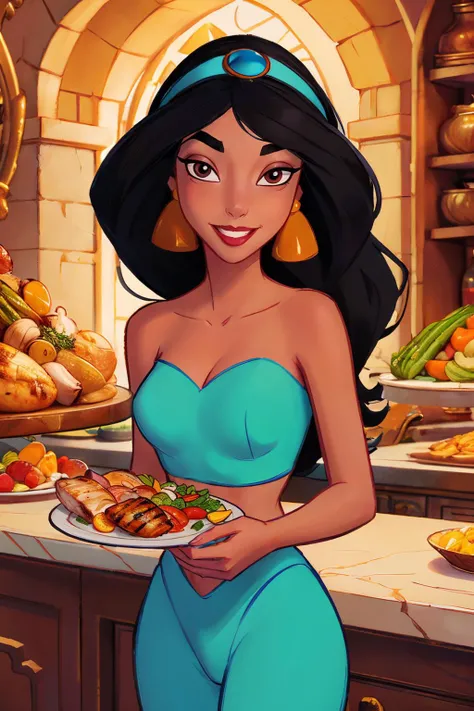 jasmine, long black hair, hairband, dark skin,earrings, red lipstick, bare shoulders, brown eyes, jewelry,blue bedlah crop top, arabia, blue harem pants, looking at viewer, smiling, happy, standing, inside fancy kitchen, holding plate of food, grilled chic...