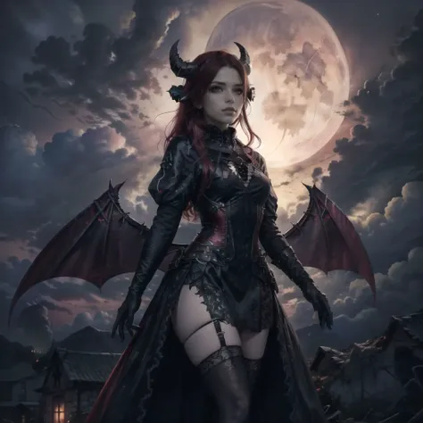 a woman in a black dress and a red cape stands in front of a full moon