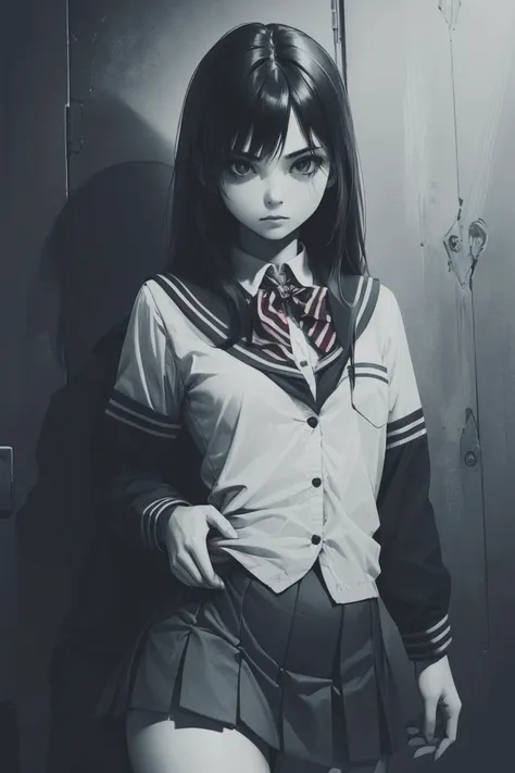 anime girl in uniform posing in front of a door