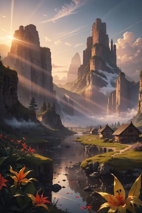 photo RAW,(summer,sunrise,mountains and a wooden village on river, (Khaki Heliconia spp. flowers on foreground), sunrays, lens flare, 4k highly detailed digital art, 8k hd wallpaper very detailed, impressive fantasy landscape, sci-fi fantasy desktop wallpa...