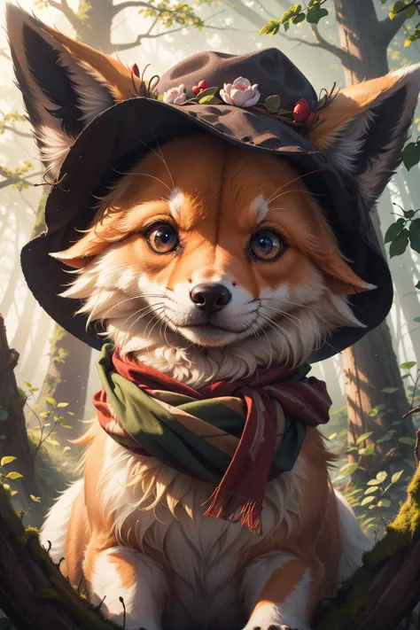 (masterpiece:1.1), (highest quality:1.1), (HDR:1.0), (masterpiece photo:1.3) of (ultra detailed look:1.3), (cosy:1), a cute and adorable tiny fox, in forest, close up, detailed eyes, sharp focus, red scarf, cute hat, (airy colors)