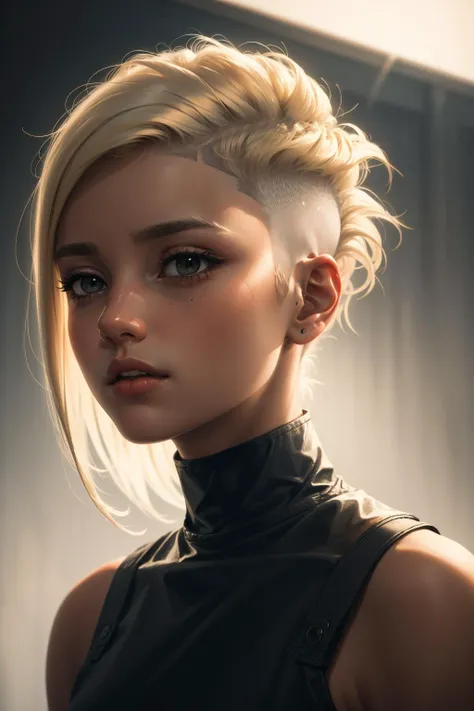 a cute woman, blonde, (hi-top fade:1.3), (dark theme:0.9), soothing tones, muted colors, high contrast, (natural skin texture, hyperrealism, soft light, sharp)