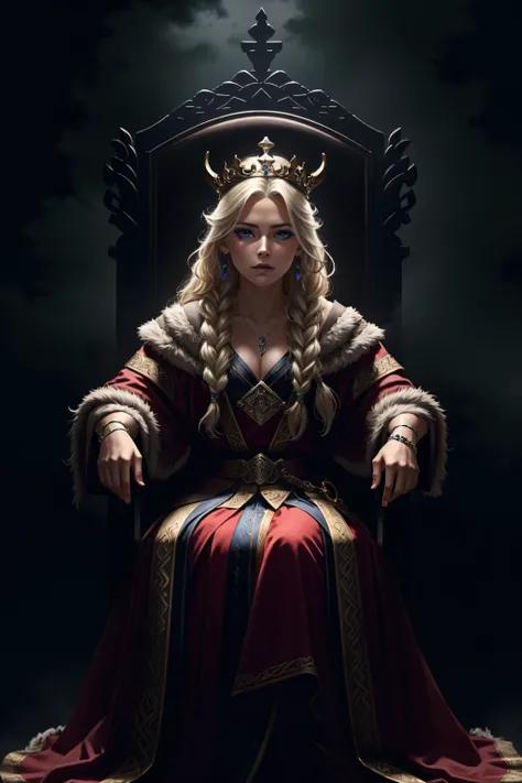 (masterpiece:1.2), (best quality:1.1), detailed, (high quality, highres:1.1), absurdres, HDR, 8k uhd, (medium shot:1.2), (realistic:1.1), photorealistic, viking queen, proud look, ((platinum:1.1) blonde hair), (blue eyes:1.1), viking braid, iron crown, sit...