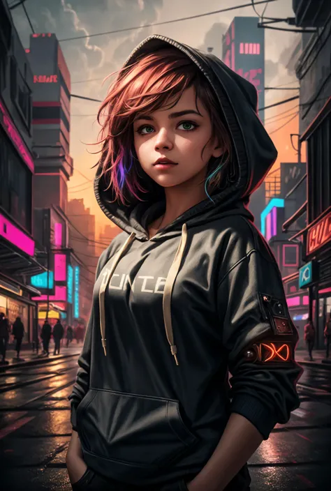 (masterpiece,high quality,highres,absurdres:1.2),HDR,8k,uhd,(portrait:1.3),1girl,solo,(close shot:1.3),multicolored hair,short hair,looking at viewer,middle of street,empty street,(futuristic city:1.3),(cyberpunk city:1.3),neon lights,(hoodie:1.3),sunset b...