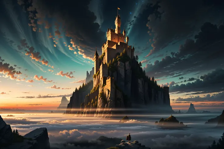 (masterpiece:1.2), high quality, highres, absurdres, RAW photo, 8k uhd, A Photograph of a majestic castle floating in the sky, as a colossal rock defies gravity. Surrealist colors merge with dreamlike lighting, illuminating grand flags atop towering walls.