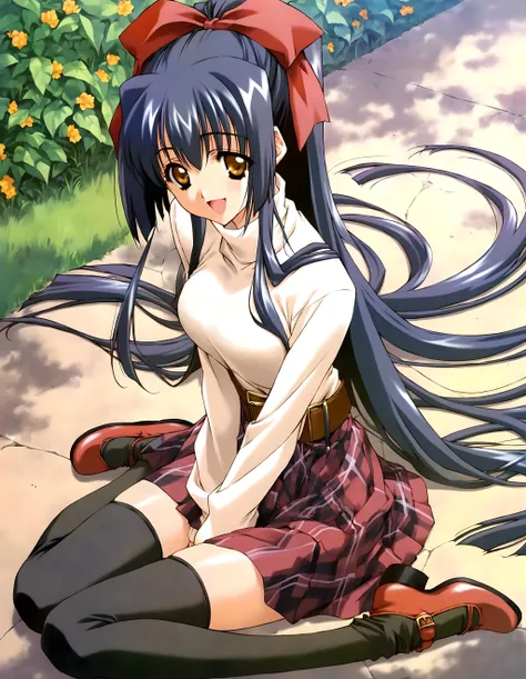 anime girl sitting on the ground with long hair and a bow