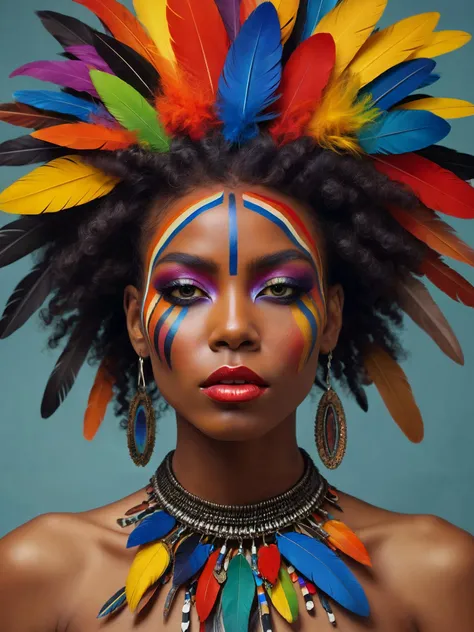 A bold and beautiful black woman with small colorful feathers mixed in amongst her hair. jewelry around her neck. 

Colorful stripes painted on her face.

surreal harmony

<lora:Surreal Harmony:1>