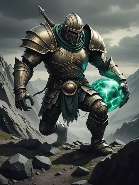 dark souls armor, dark souls knight, Sisyphus as he relentlessly pushes a sphere up a desolate mountain slope. Explore the somber tones and bleak atmosphere in your depiction, emphasizing the eternal struggle and futility of his task from a side perspectiv...