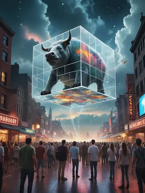 dynamic angle, (large animal focus:1.2), extremely detailed urban strip bar, clashing themes, stage, stage lights, crowd in background, ethereal fantasy concept art of Bosch-style,a translucent cube traps eerie clouds,the starsscape warps,time distorts,sur...