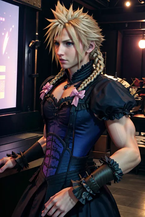 cloud strife, <lora:cloudstrife-nvwls-v1-final:1> , crossdressing, twin braids, male focus, frilled dress, hair bow, dslr raw fi...