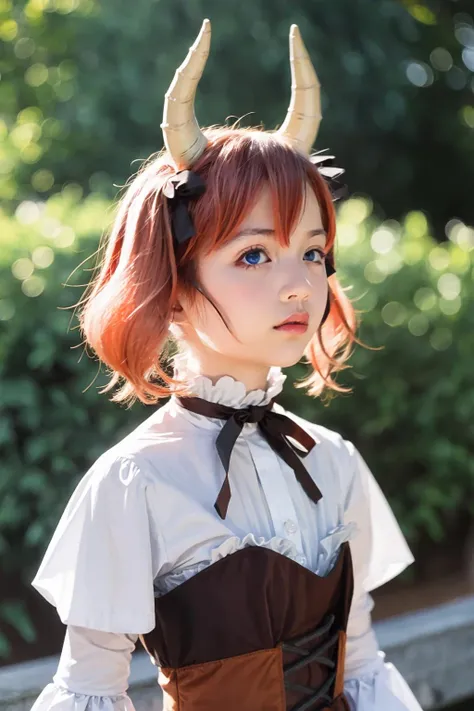 a close up of a woman wearing a costume with horns on her head