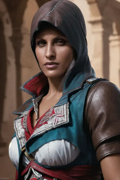 professonial photoshooting, highres, 4k, ((Assassins Creed)), <lora:Veronica_Vanoza:0.85> Veronice Vanoza as a female Assassin, brown eyes, stern expression, desert oasis, cinematic lighting, bokeh, close-up portrait