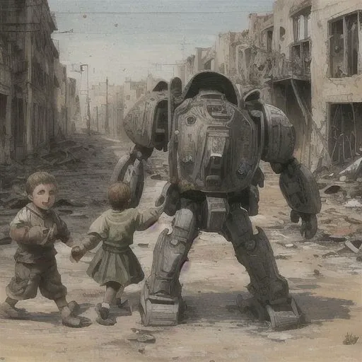 perfect proportions.Orphans of humans in war and fire.war.Fleeing Orphans.Houses destroyed by artillery fire.painting.explode.Helpless orphans of war