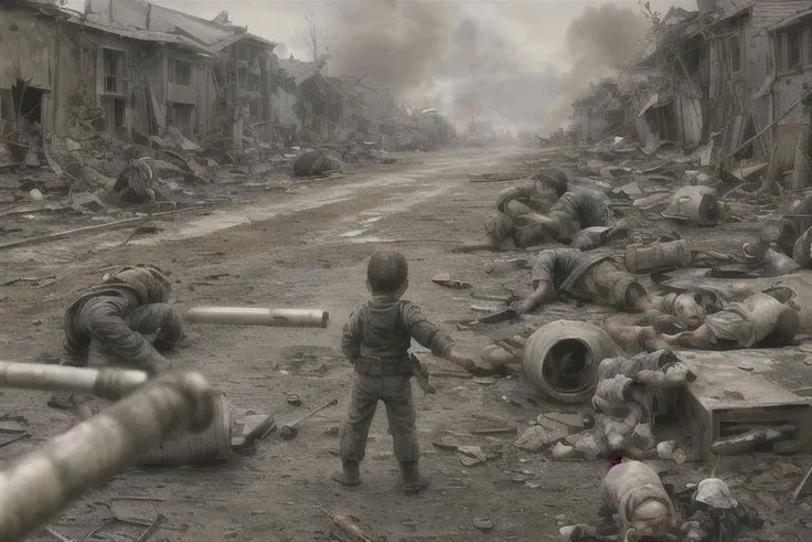 perfect proportions.Orphans of humans in war and fire.war.Fleeing Orphans.Houses destroyed by artillery fire.painting.explode.Helpless orphans of war.gun.crying child