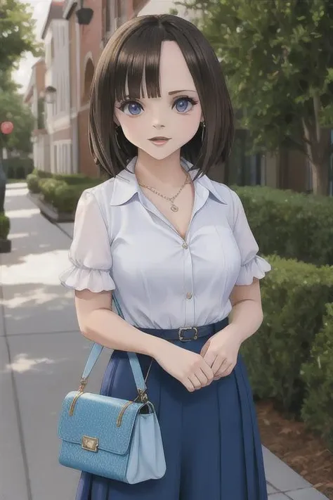 anime girl with blue eyes and a blue purse standing on a sidewalk