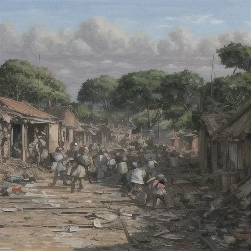 perfect proportions.Orphans of humans in war and fire.war.Fleeing Orphans.Houses destroyed by artillery fire.painting