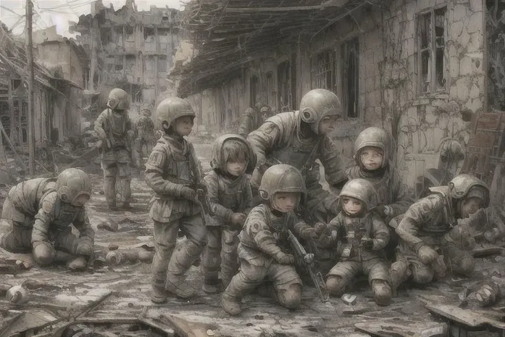 soldiers in a ruined city with a child in the middle of the street