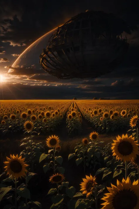 a field of sunflowers, sci-fi horror, dramatic lighting, 4k, concept art, highly detailed, volumetric lighting, global illumination, octane render, eldritch, cosmic, dark energy