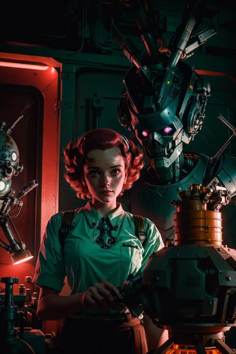 "a female mad scientist building a robot man, in a darkly lit laboratory room, 1950s horror movie poster style, norman rockwell oil painting, tight shot, close-up shot, retro science fiction, vintage, saturated pink and green lighting, shadowy lighting, co...