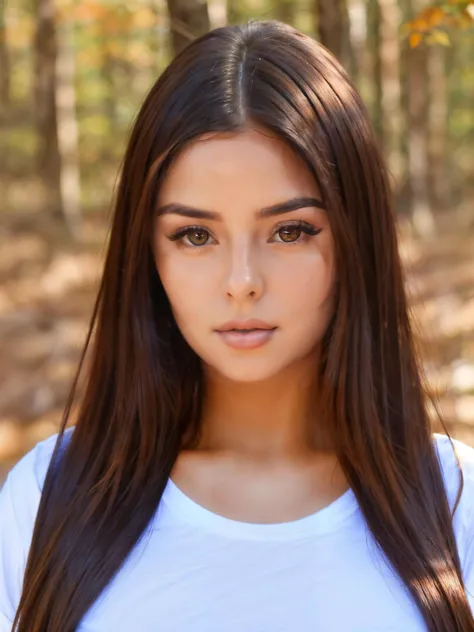 a close up of a woman with long hair in a white shirt