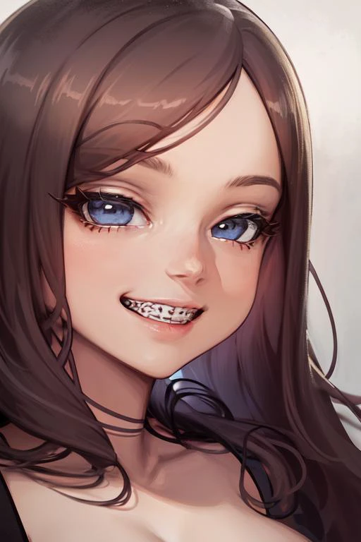 anime girl with braces and blue eyes smiling at the camera