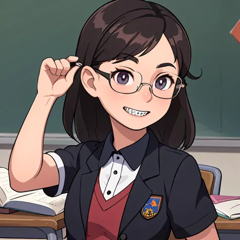 best quality, masterpiece, 1girl, nerd, Dark hair, dark eyes, glasses, small, braces, scool uniform, classroom <lora:braces-aparatos:0.7>