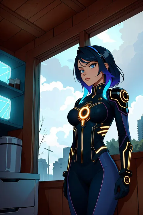 a cartoon picture of a woman in a futuristic outfit